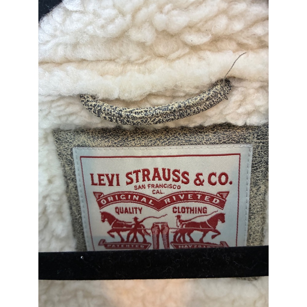 Levis Mens XXL Sherpa Lined Faux Leather Trucker Jacket Distressed Brown Tan - Picture 5 of 10